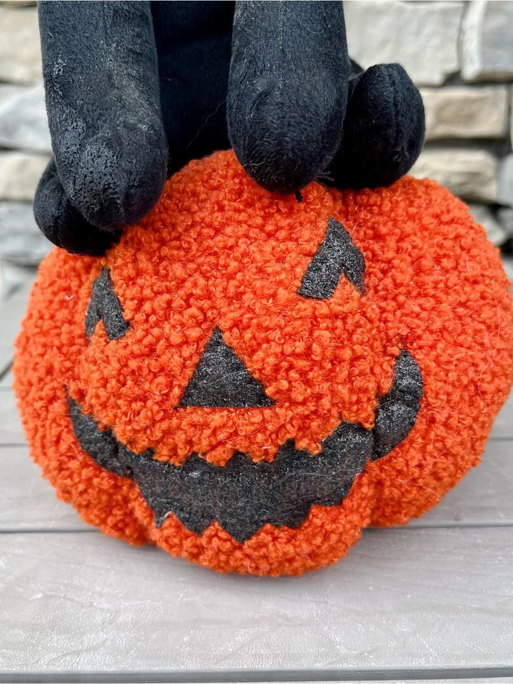Black Cat on Orange Pumpkin Jack-o’-lantern Plush Halloween Display 17in
